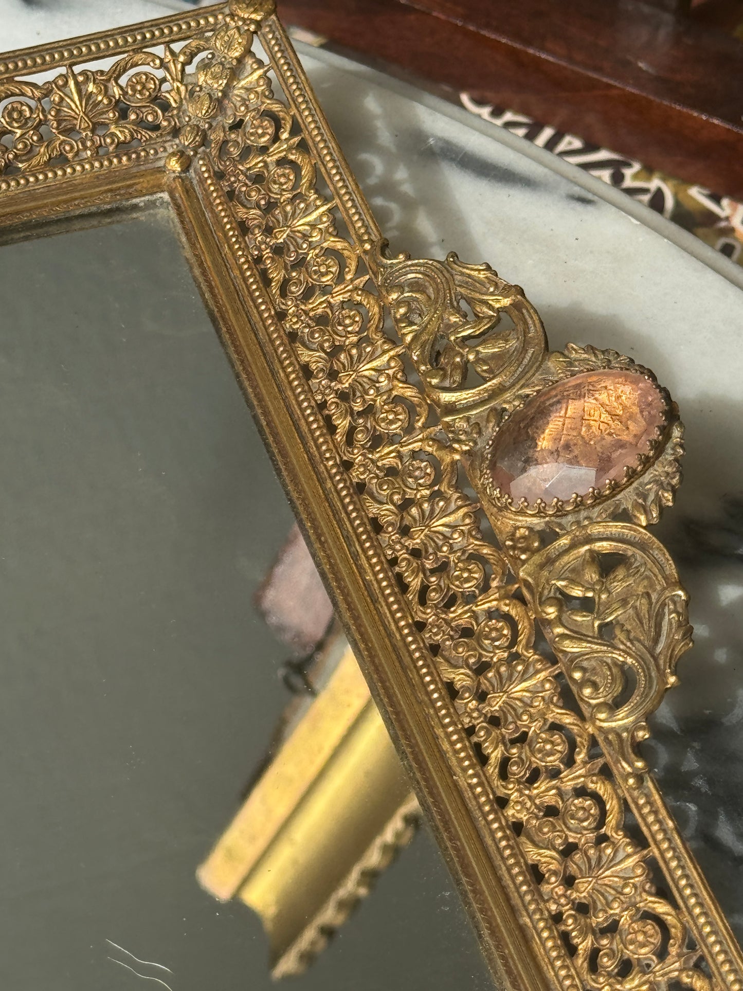 French Filigree Mirrored Vanity Tray with Rosegold Gems