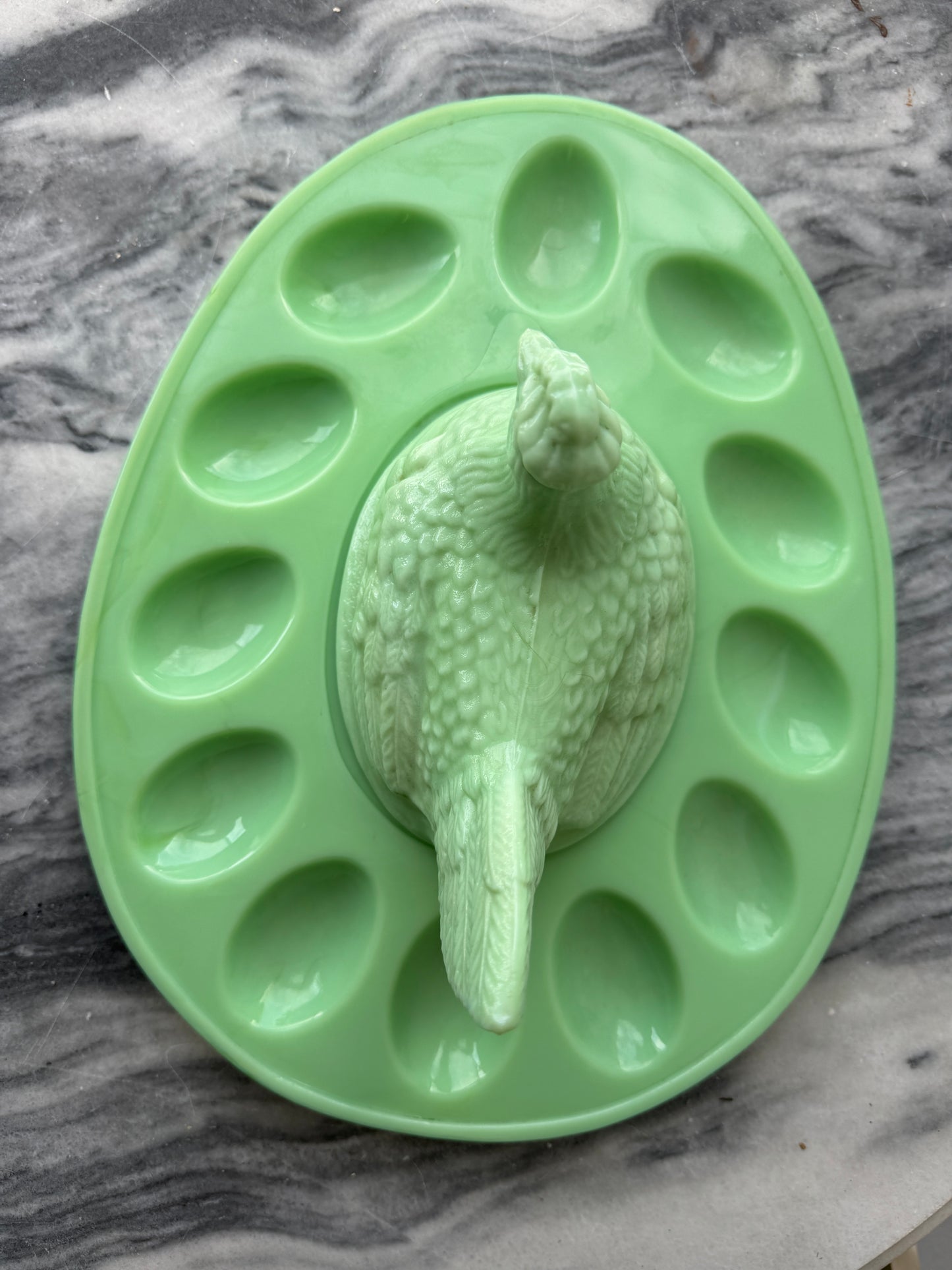 Vintage Jadeite Hen on Nest Egg Tray - L.E. Smith Glass - Deviled Egg Plate - Mid-Century Kitchenware