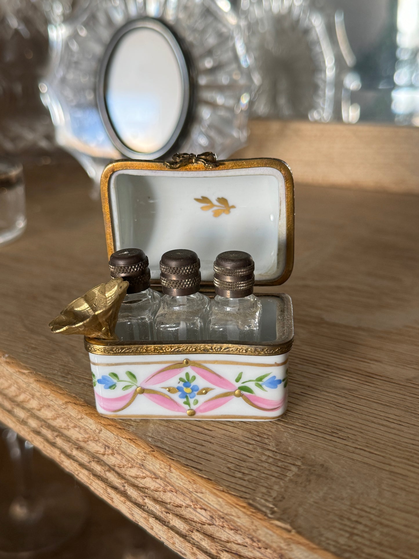 Vintage Limoge Box, Perfume Bottle Trio with Funnel