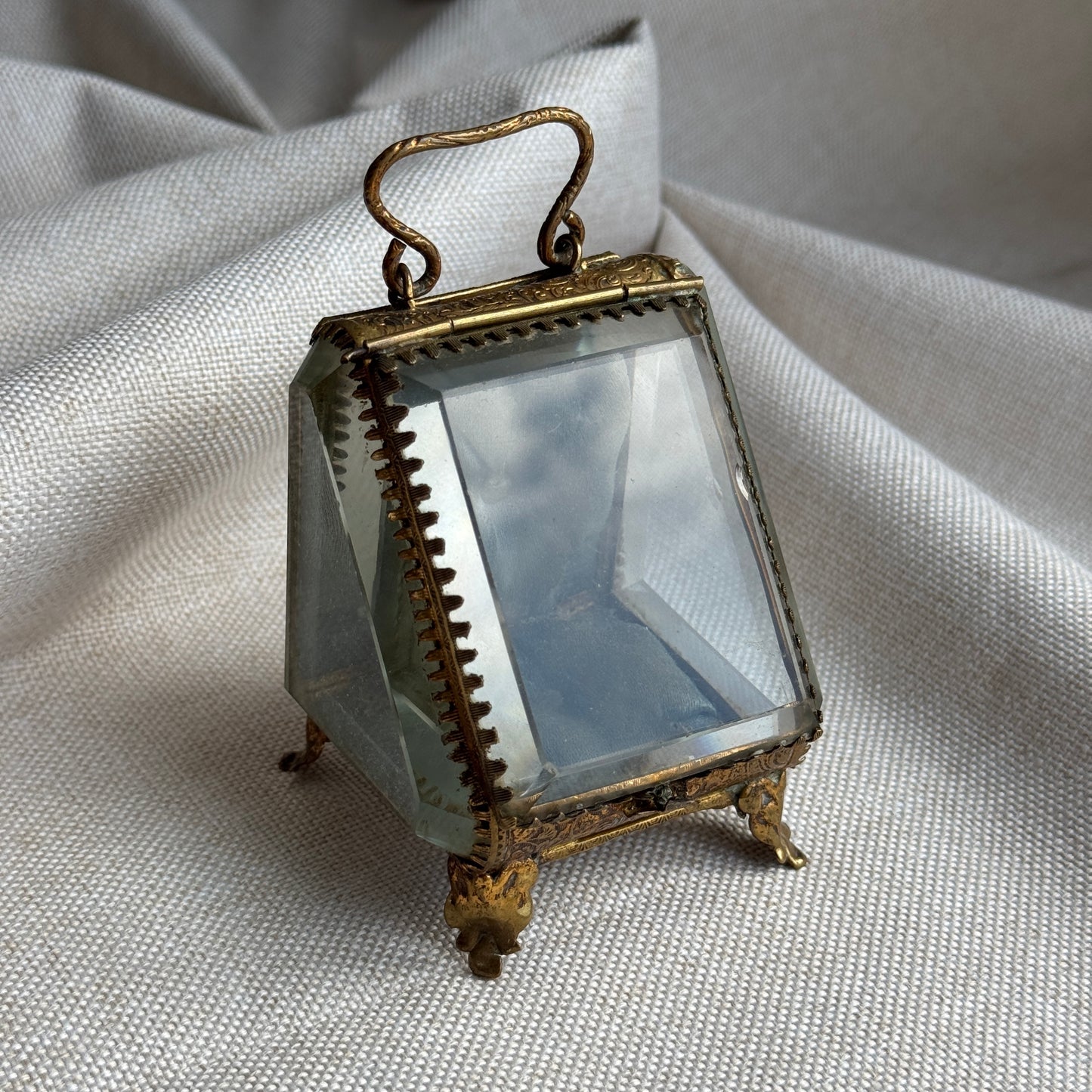 Antique French Jewelry Casked with Beveled Glass and Silk Cushion