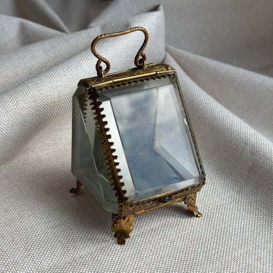 Antique French Jewelry Casked with Beveled Glass and Silk Cushion