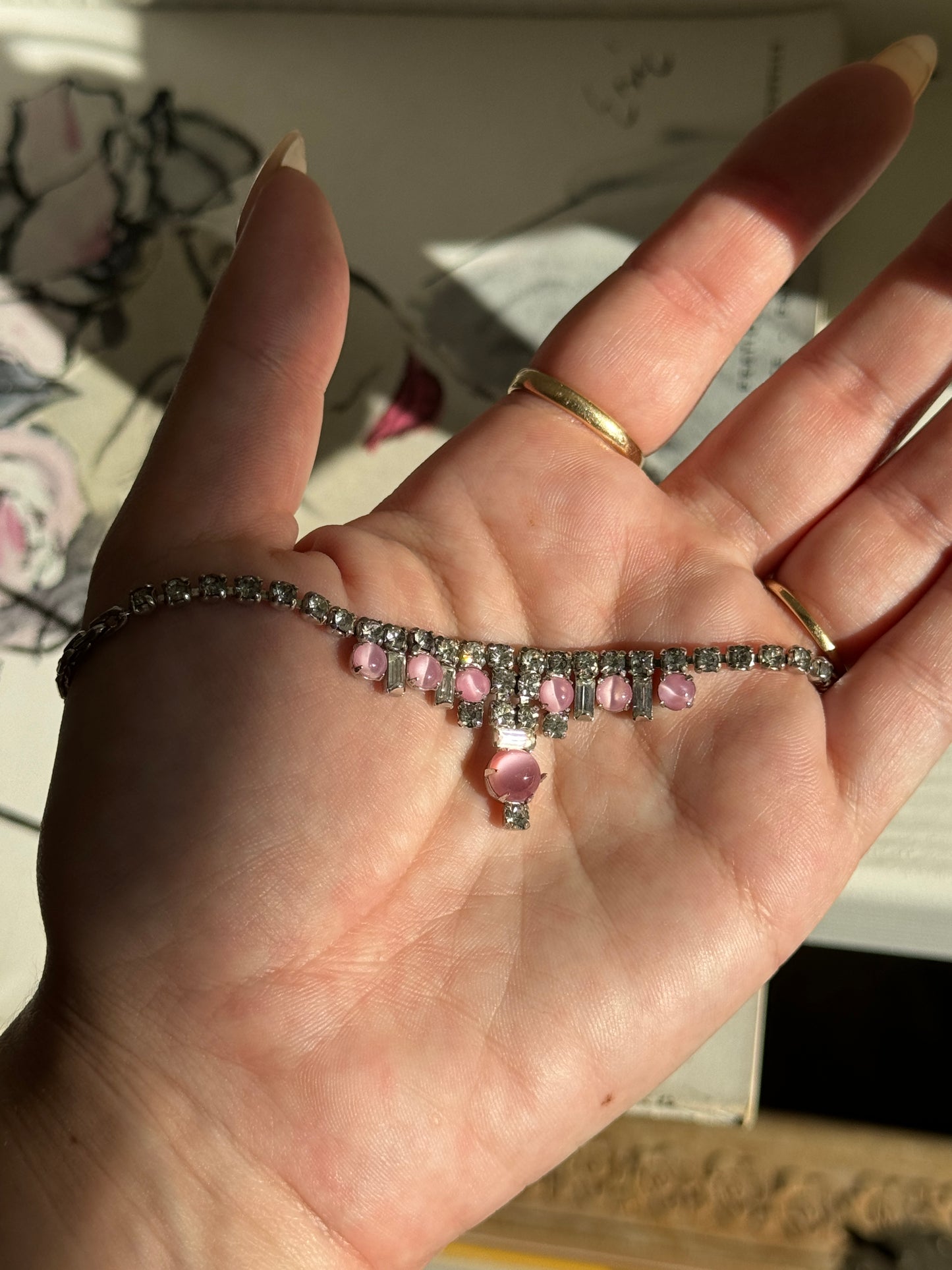 Dainty Vintage Rhinestone & Pink Bead Necklace