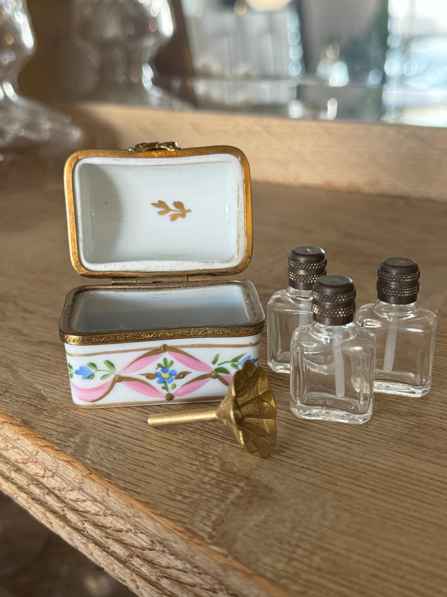 Vintage Limoge Box, Perfume Bottle Trio with Funnel