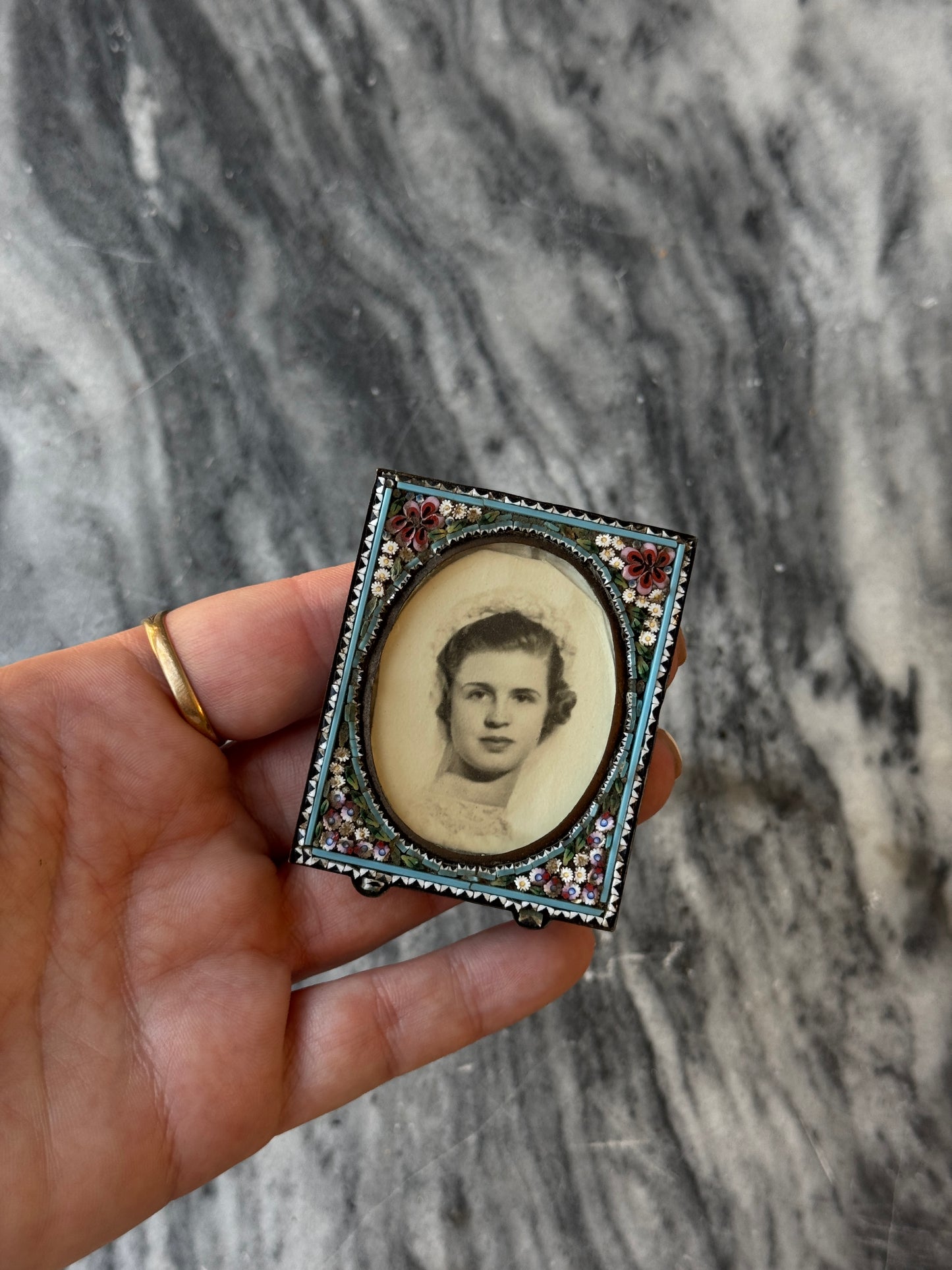 Antique Italian Micro Mosaic Picture Frame – Oval Millefiori Glass Floral Inlay – Brass Miniature Photo Frame