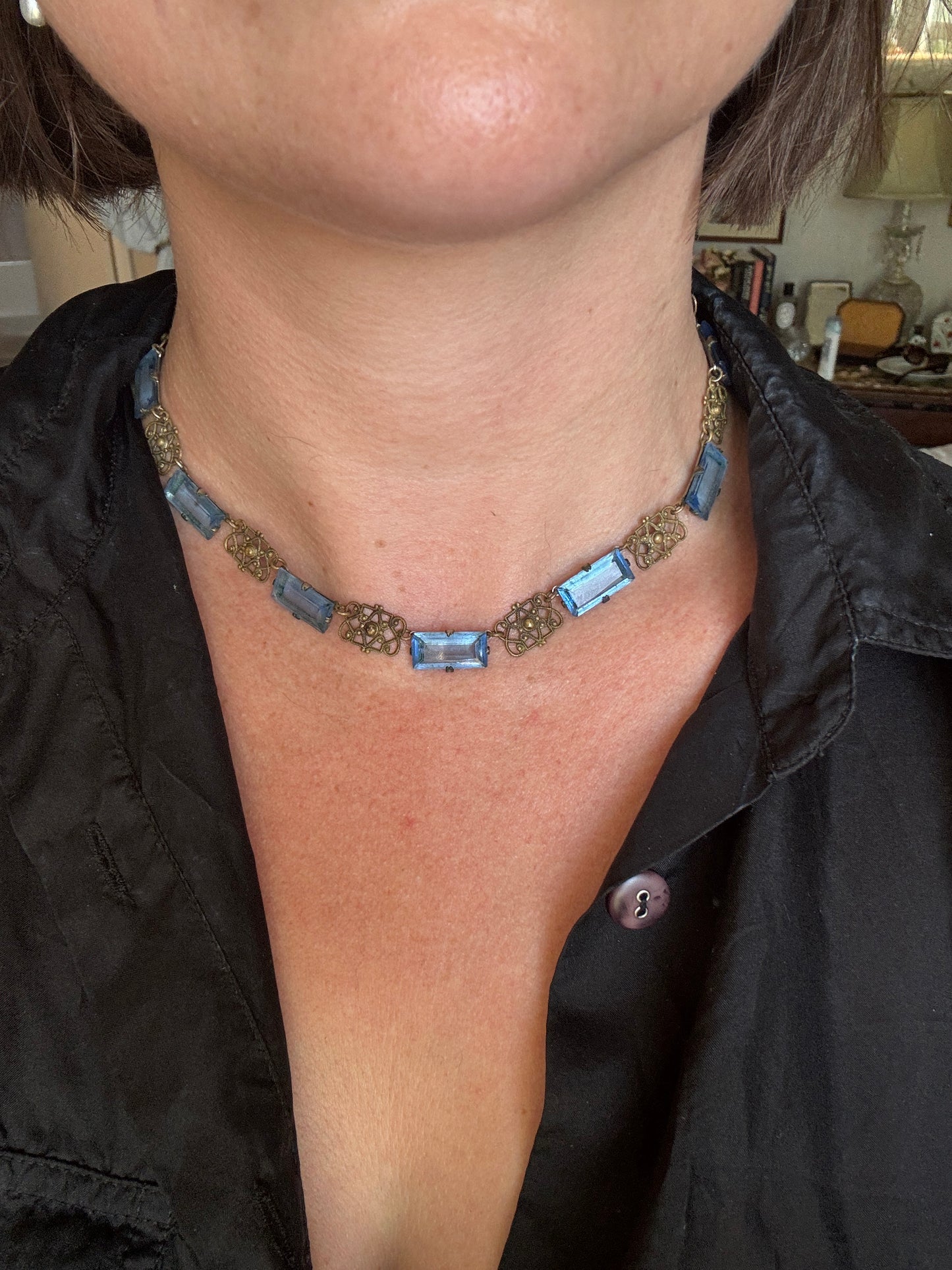 Antique 1920s Czech Art Deco Blue Glass & Filigree Necklace