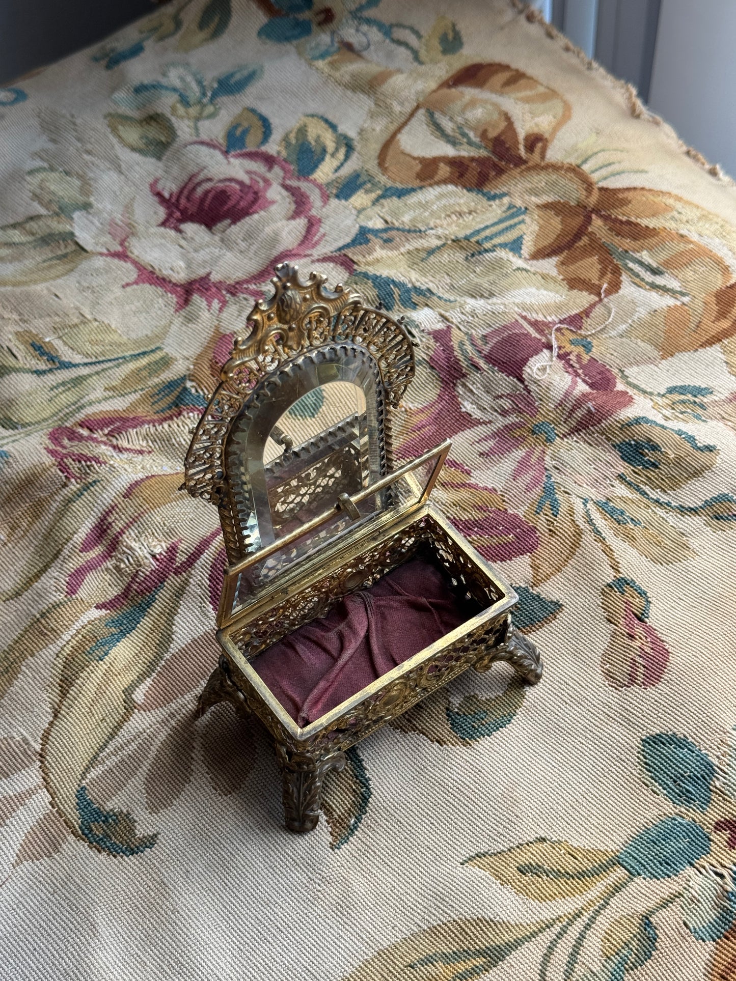 Rare Antique French Ormolu Filigree Jewelry Casket with Arched Beveled Vanity Mirror, circa 1880s