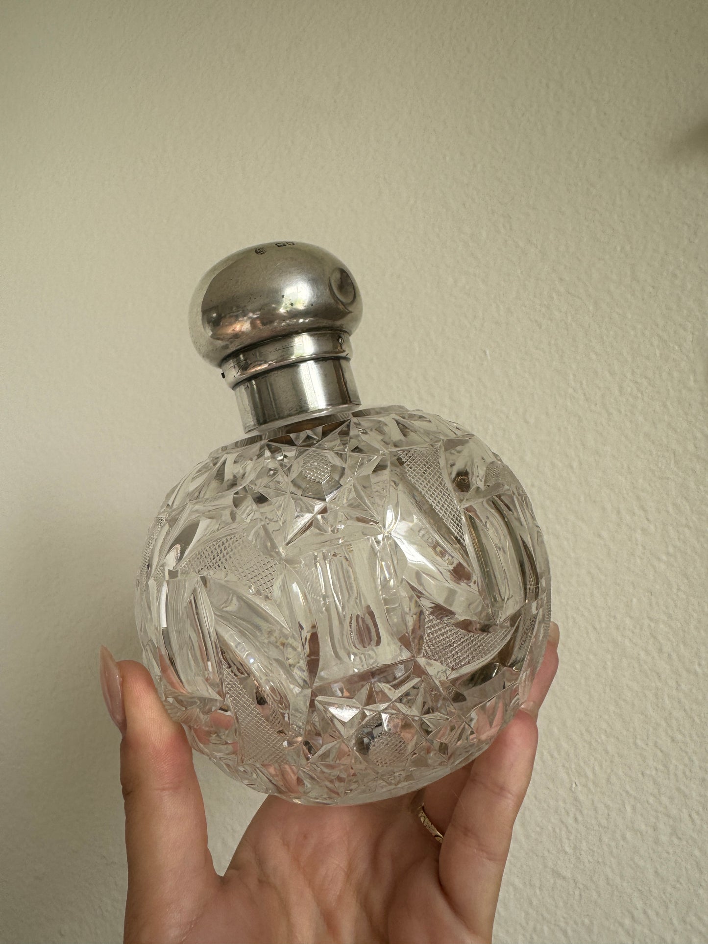 LARGE 19th Century English Crystal Perfume Bottle with Sterling Silver Lid