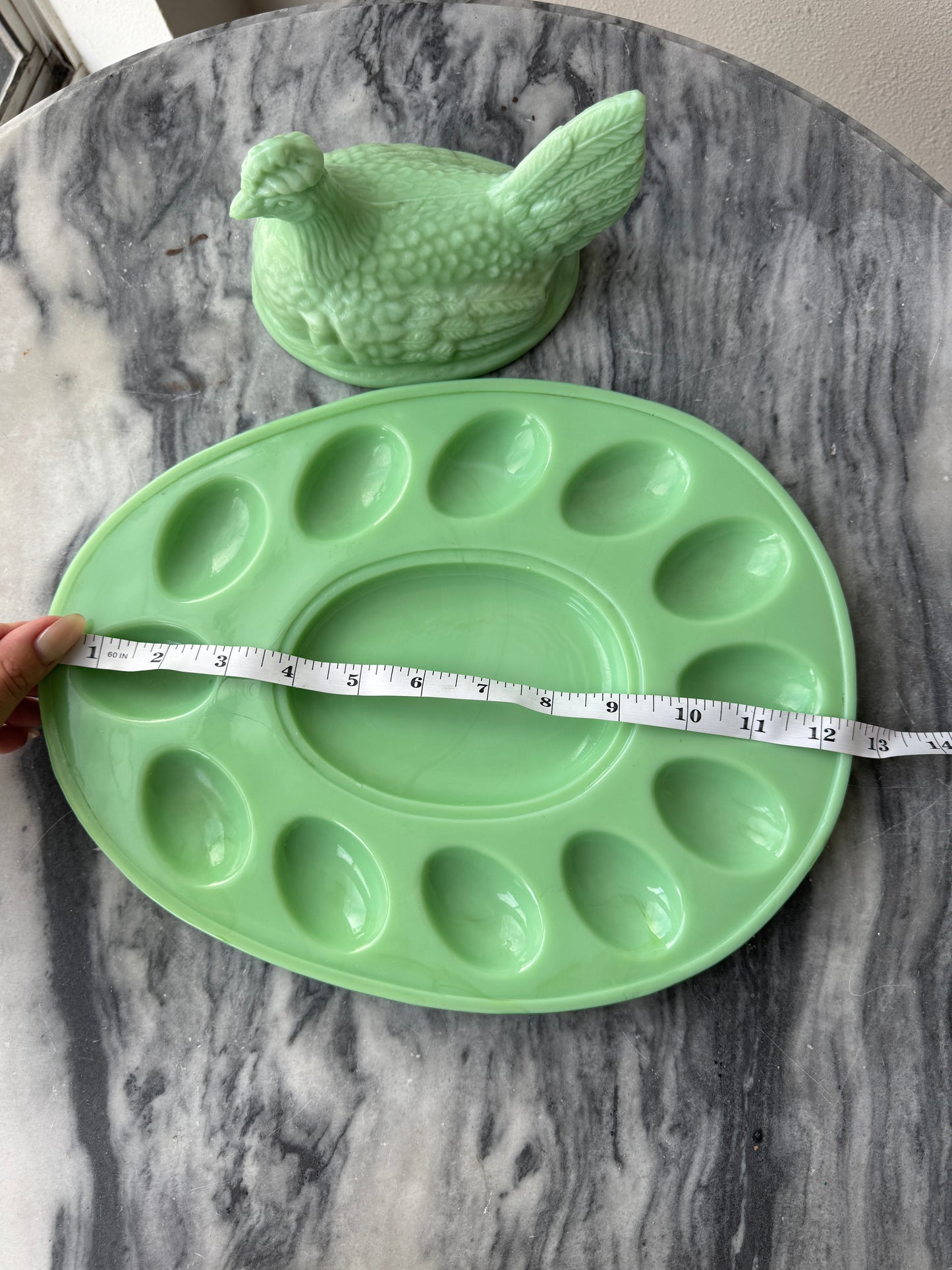 Vintage Jadeite Hen on Nest Egg Tray - L.E. Smith Glass - Deviled Egg Plate - Mid-Century Kitchenware