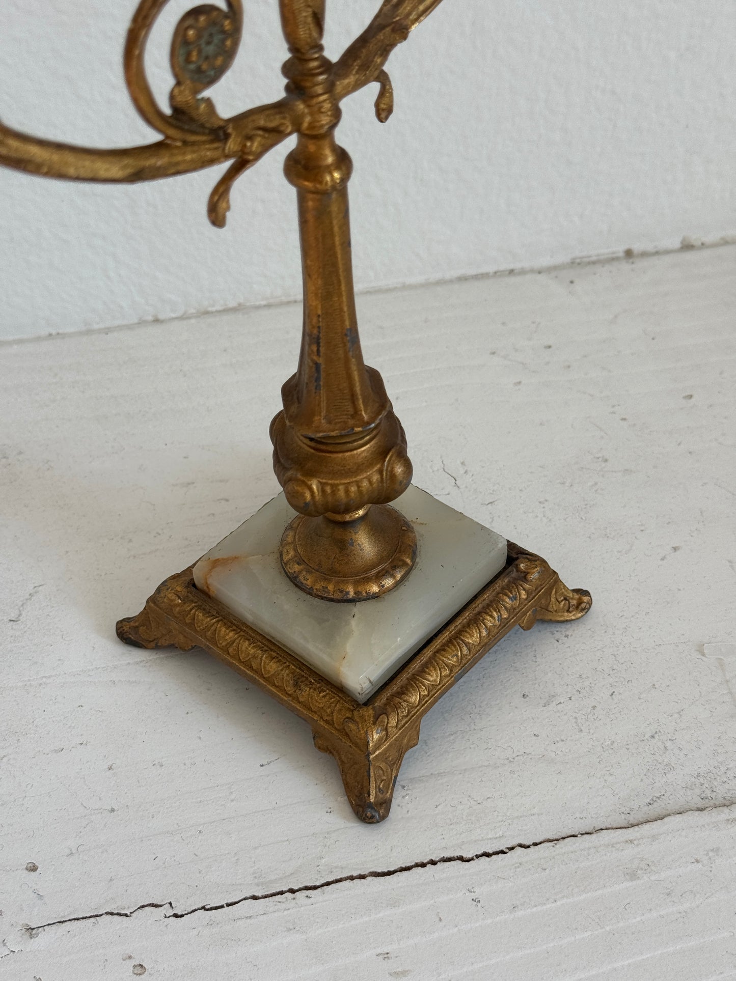 Antique Gilt Metal Three-Arm Candelabra with Stone Base 12.5x9