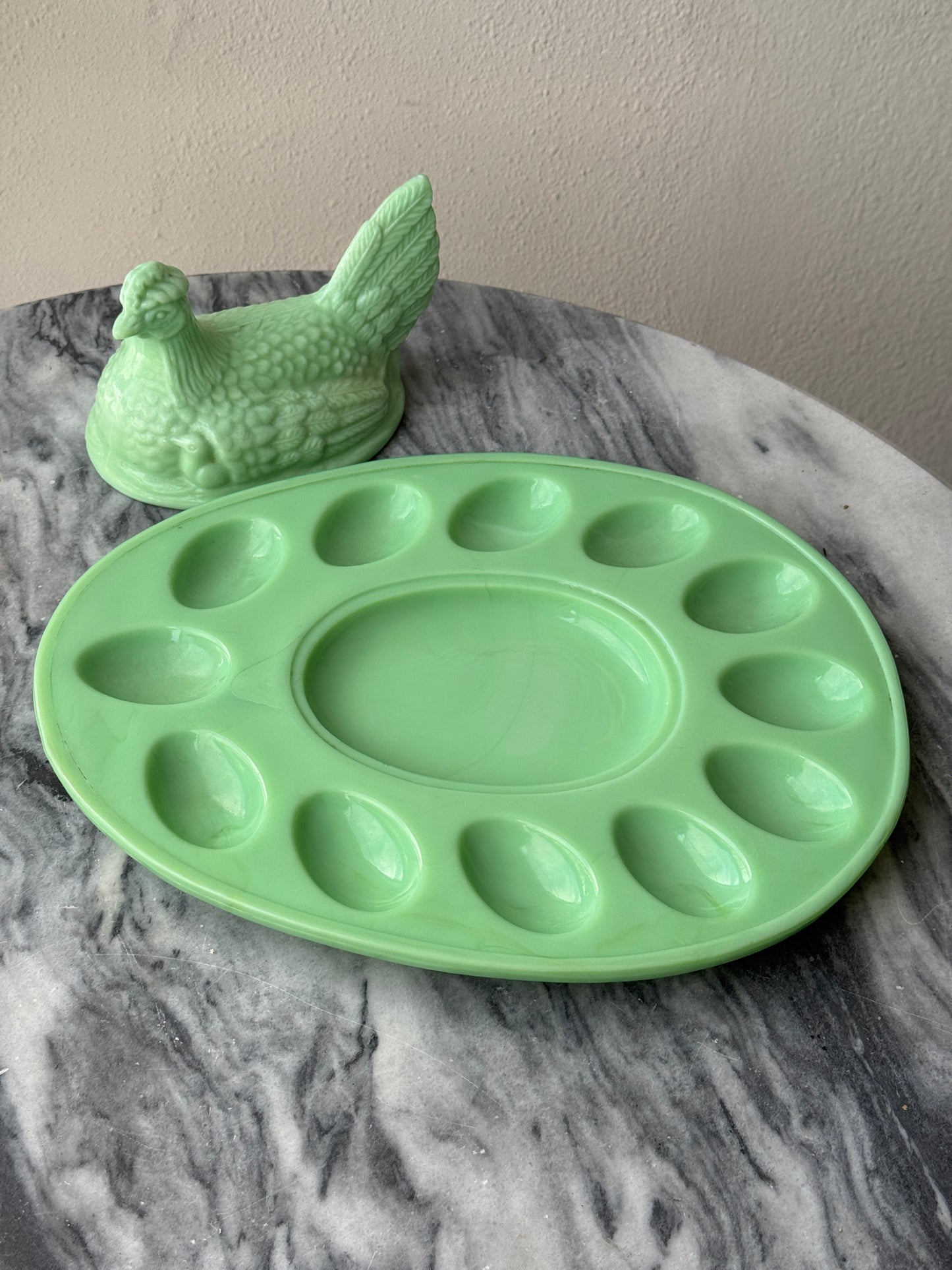 Vintage Jadeite Hen on Nest Egg Tray - L.E. Smith Glass - Deviled Egg Plate - Mid-Century Kitchenware