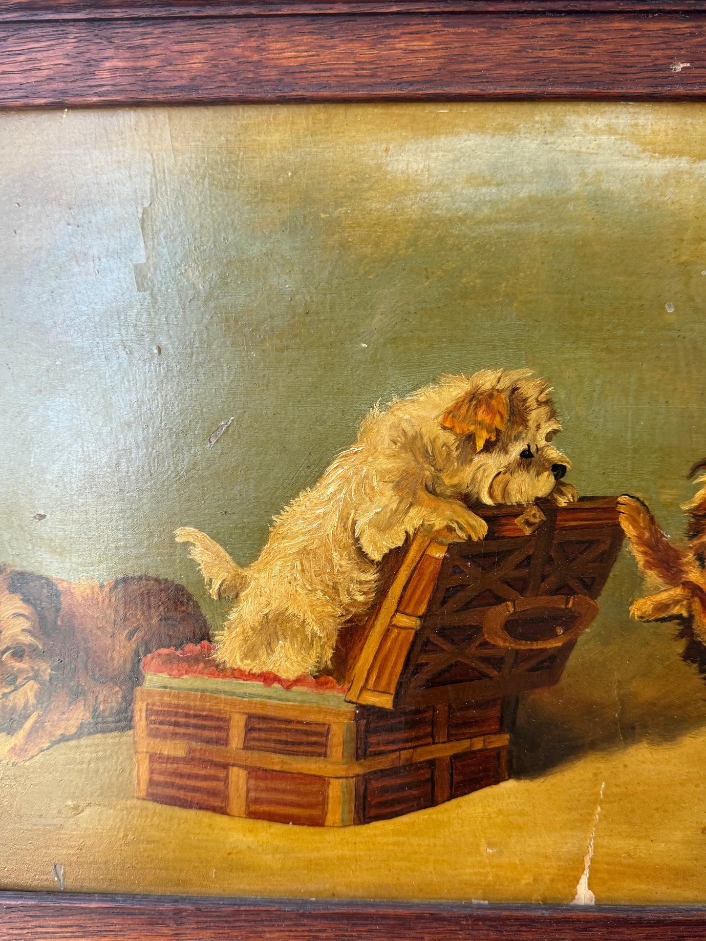 Antique Oil Painting of Terriers Playing