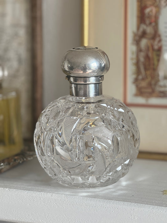 LARGE 19th Century English Crystal Perfume Bottle with Sterling Silver Lid