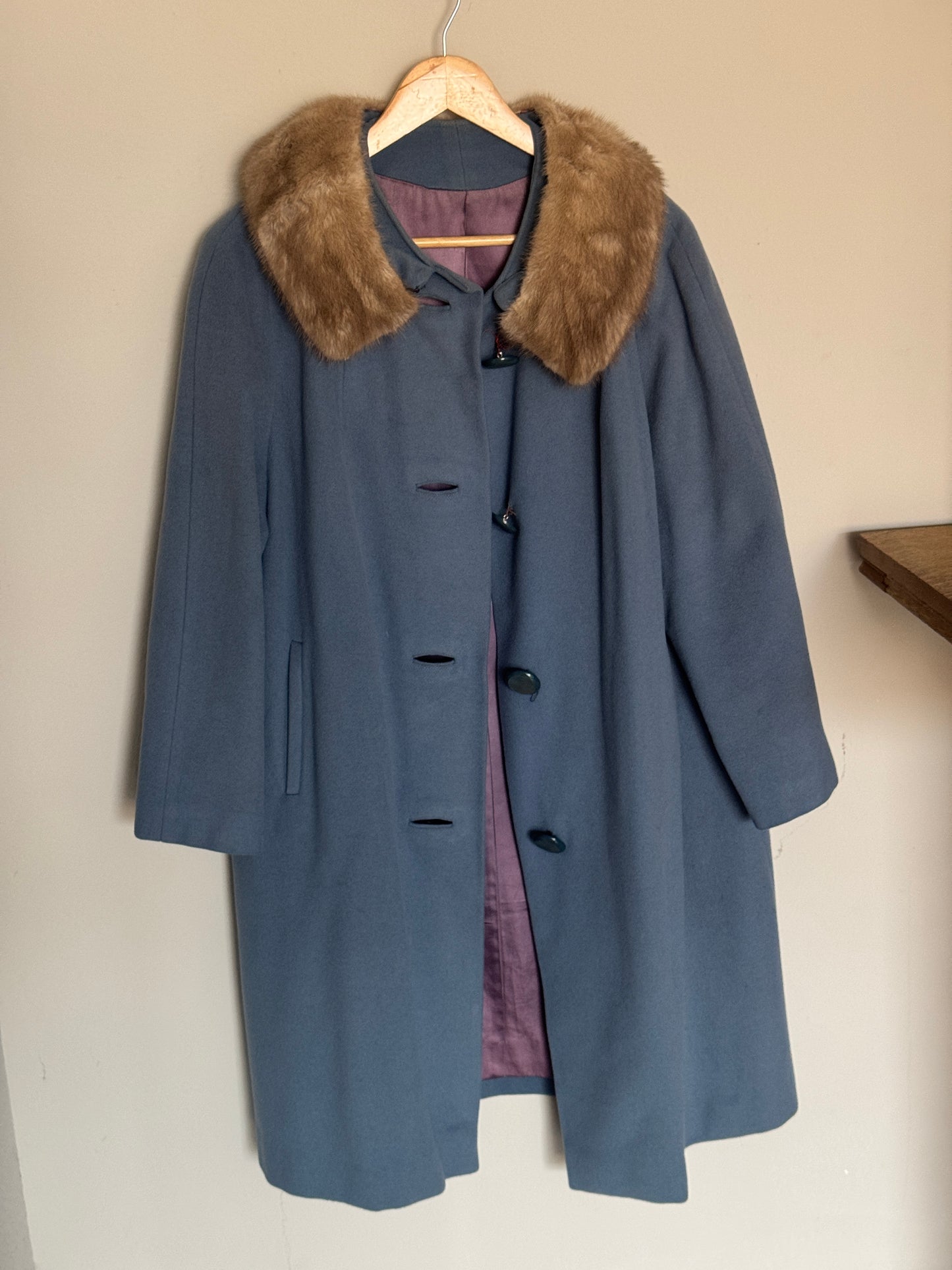 Vintage Robin's Egg Blue Wool Coat W/ Fur Trim