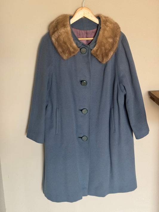 Vintage Robin's Egg Blue Wool Coat W/ Fur Trim