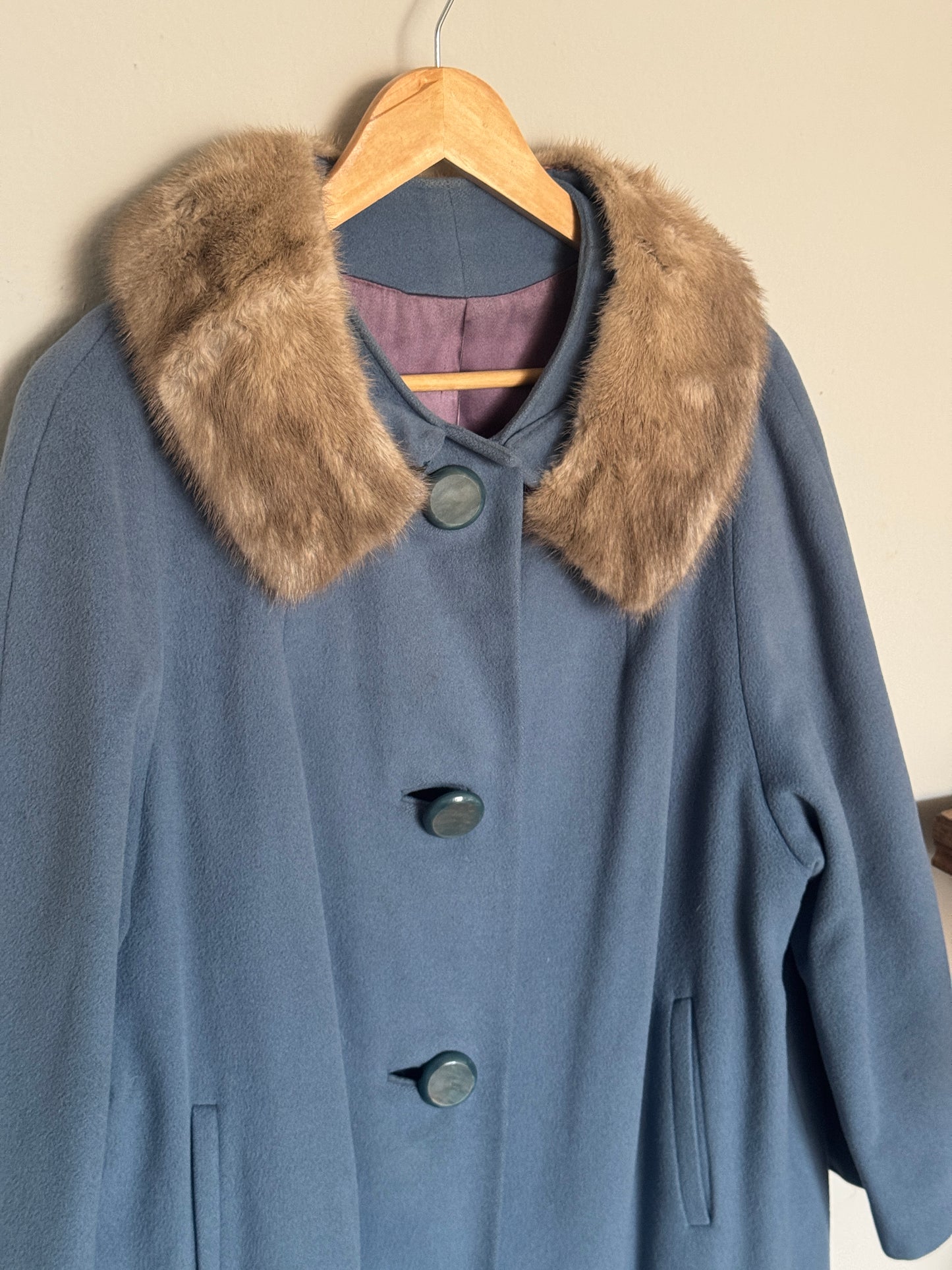 Vintage Robin's Egg Blue Wool Coat W/ Fur Trim