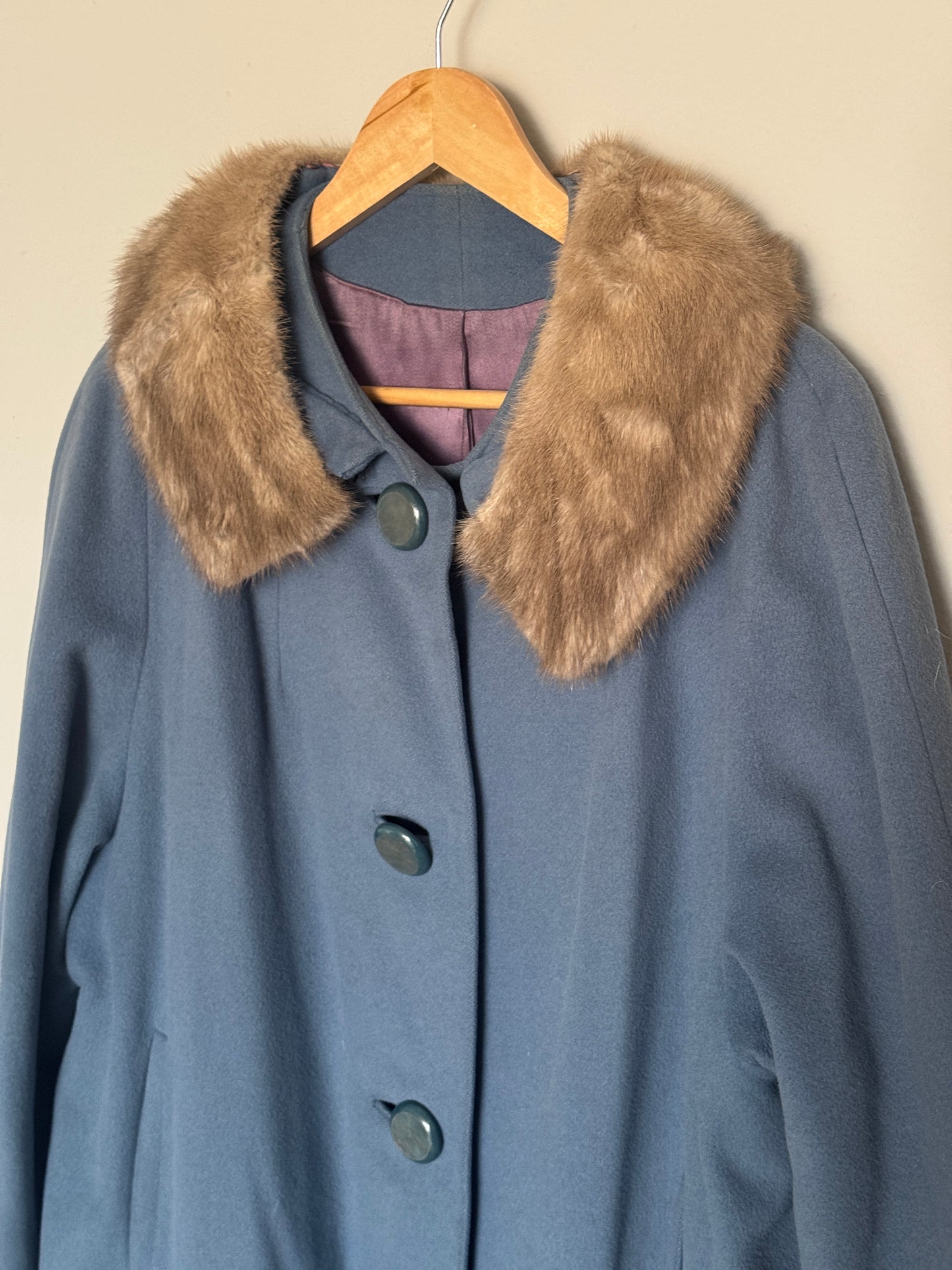 Vintage Robin's Egg Blue Wool Coat W/ Fur Trim