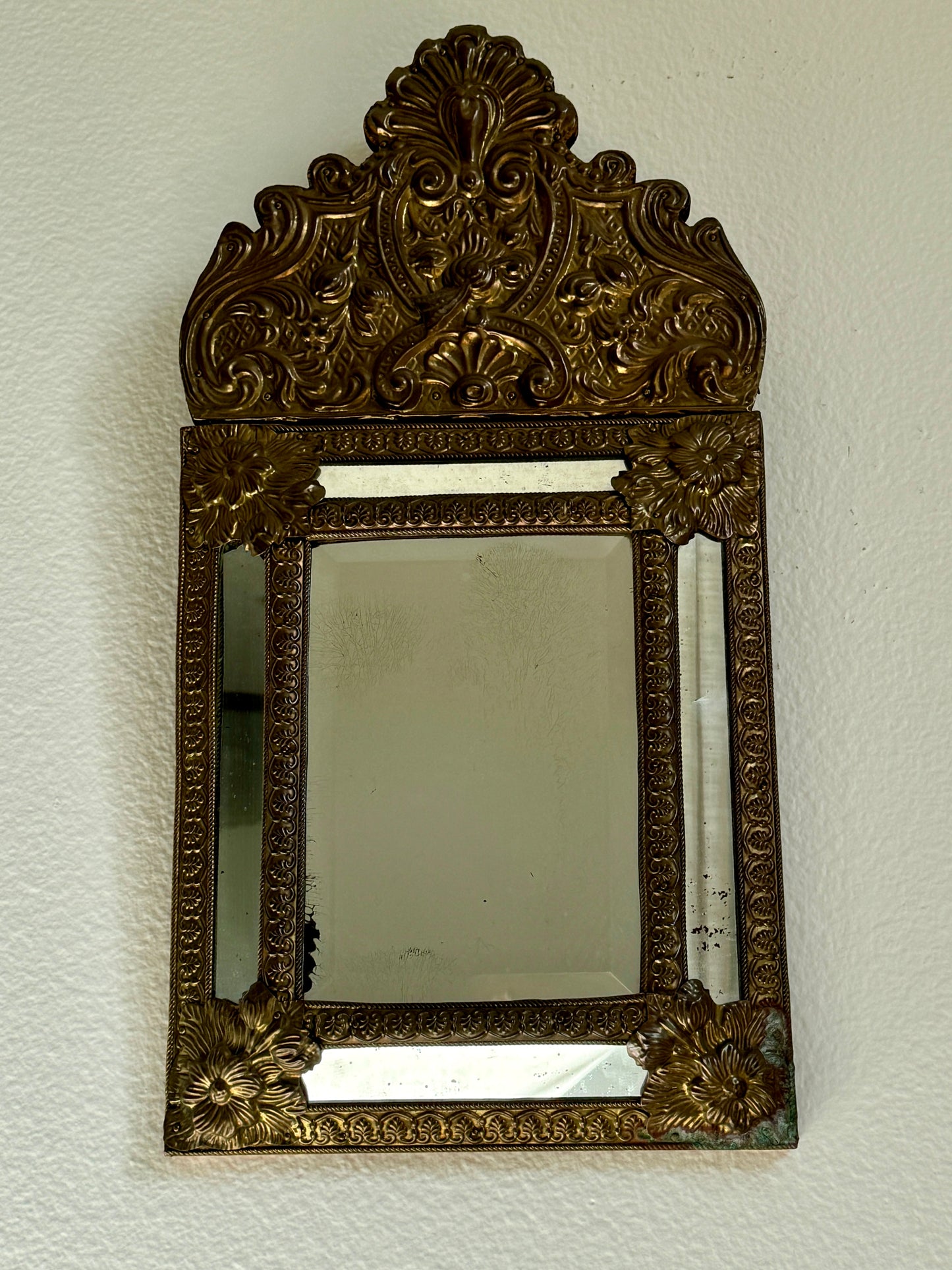 Antique Brass Repousse Mirror from Spain