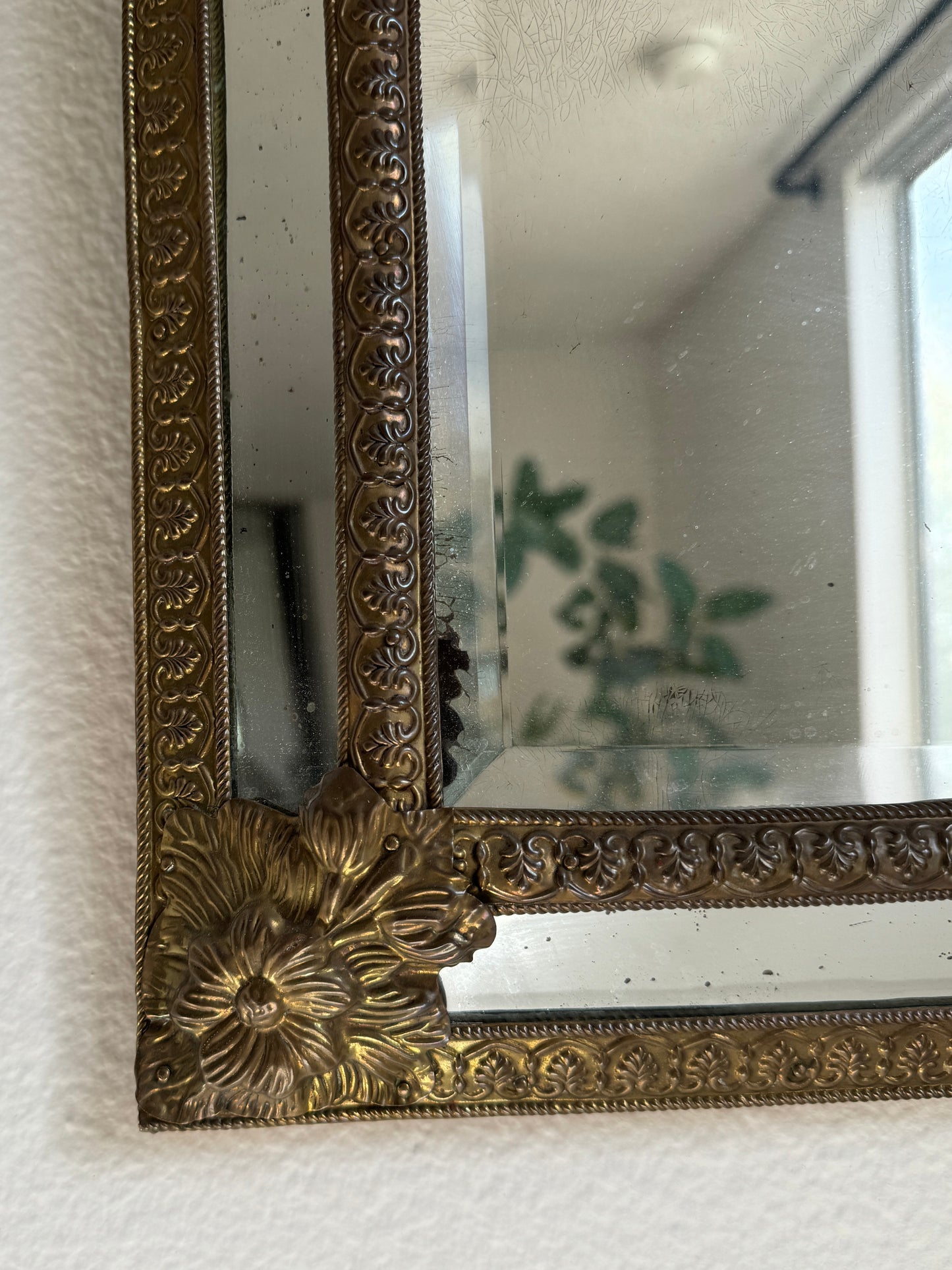 Antique Brass Repousse Mirror from Spain