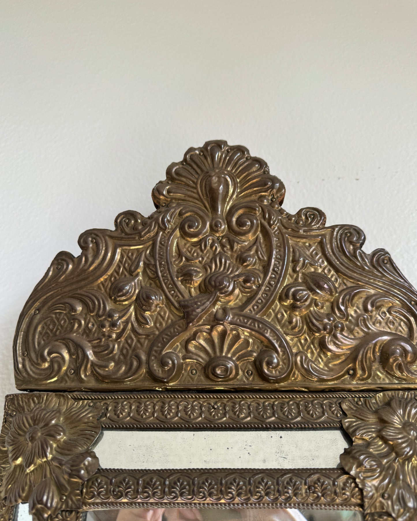 Antique Brass Repousse Mirror from Spain