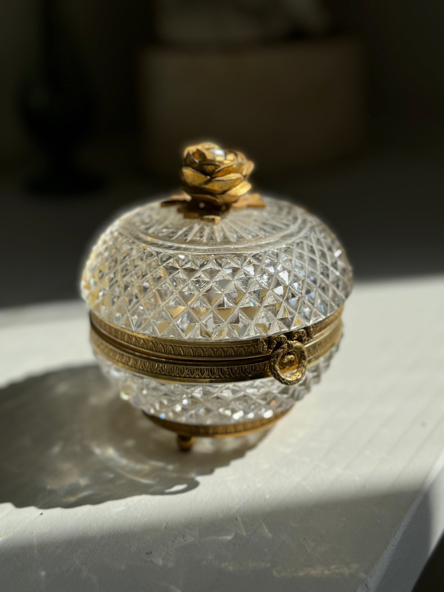 French Diamond-Cut Crystal Jewelry Box with Bronze Rose