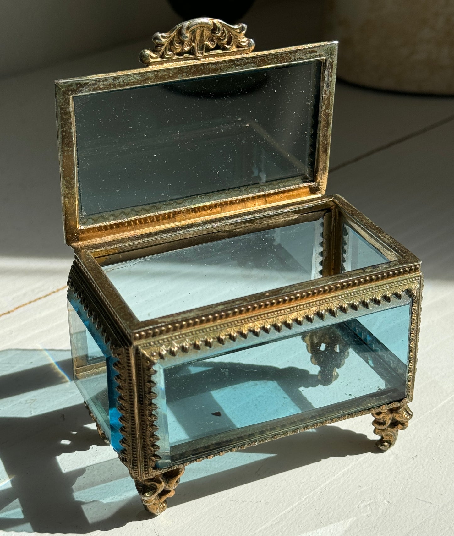 Rare and Unique Antique Jewelry Casket with Blue Beveled Glass