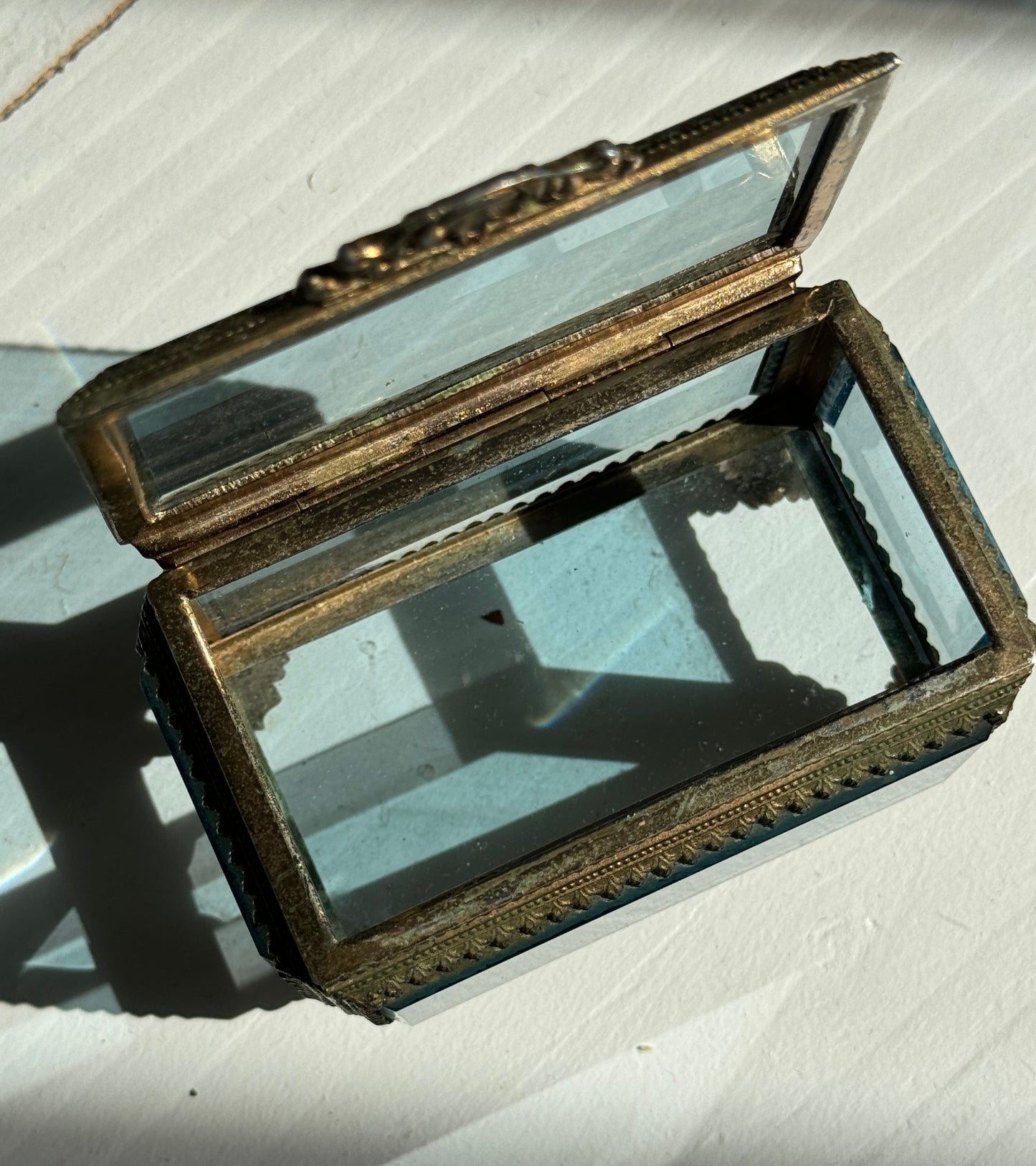 Rare and Unique Antique Jewelry Casket with Blue Beveled Glass