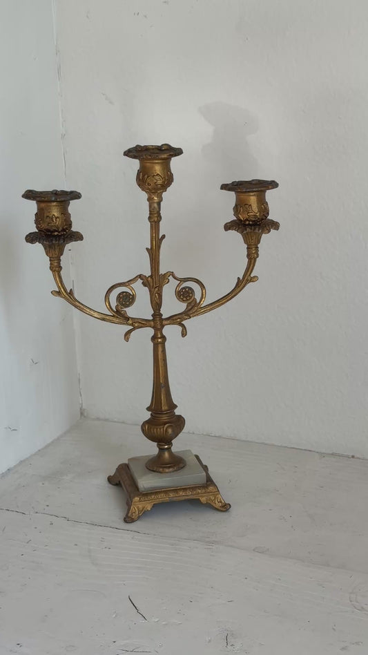 Antique Gilt Metal Three-Arm Candelabra with Stone Base 12.5x9